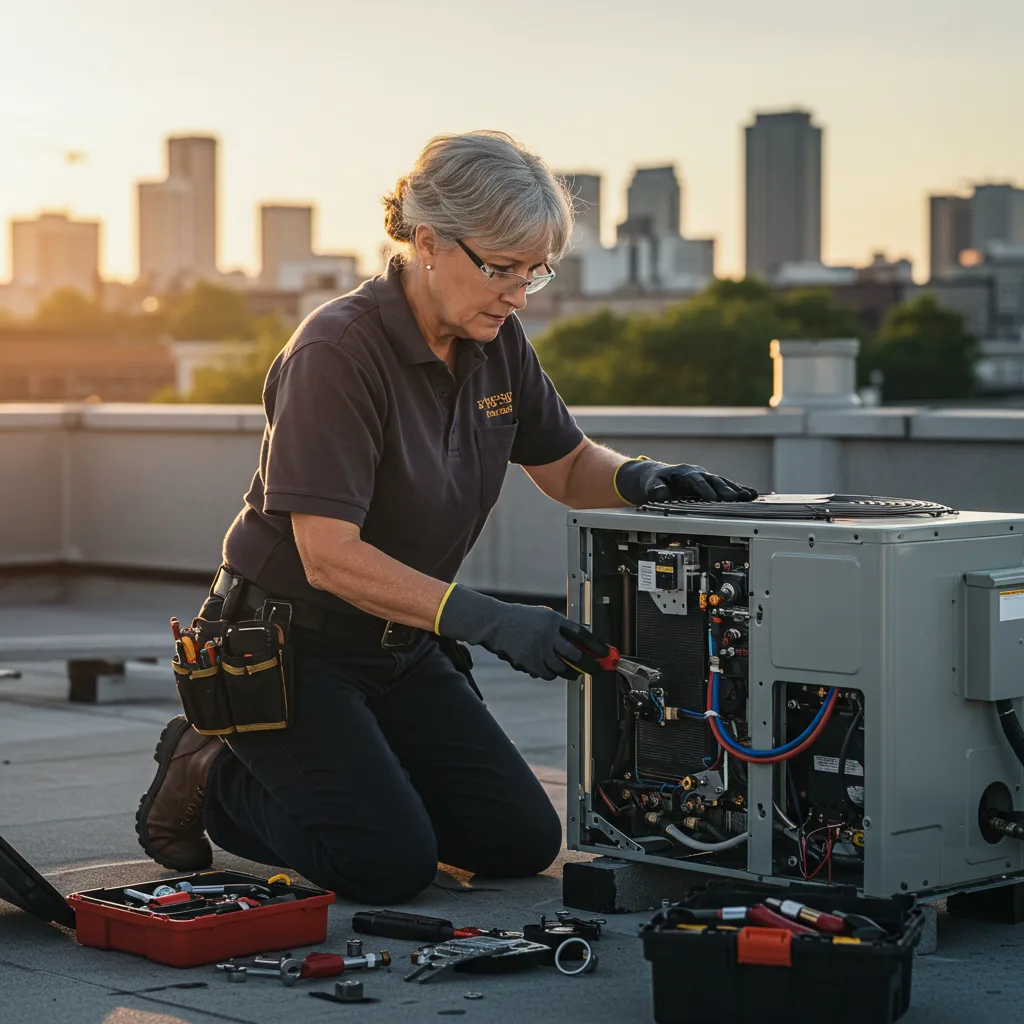 HVAC technician performing emergency HVAC repair in a California home
