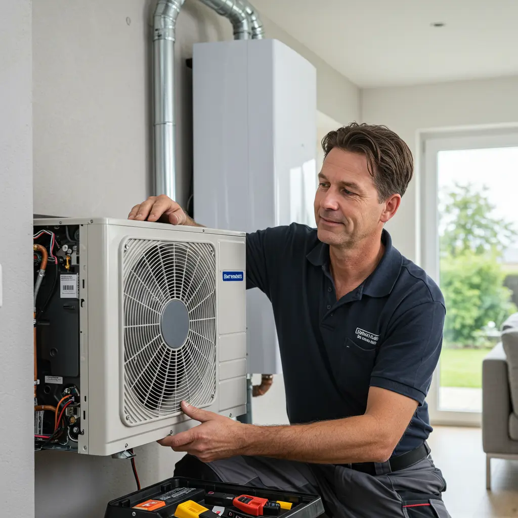 Technician installing a modern electric heat pump in a California home
