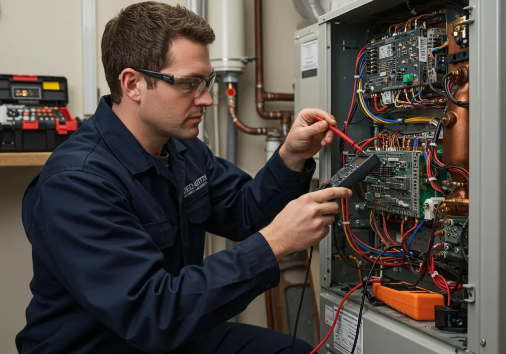 Technician checking electrical components during scheduled heat pump maintenance