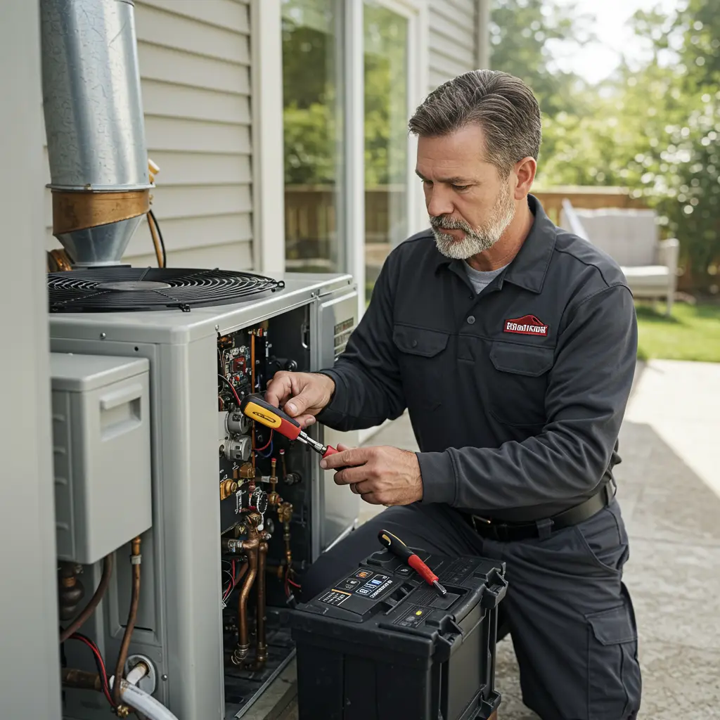 HVAC specialist repairing a heat pump system in a residential setting