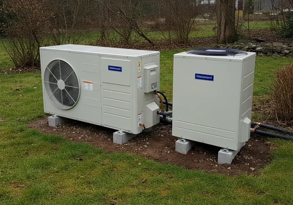 Newly installed heat pump replacing an outdated unit in a California residence