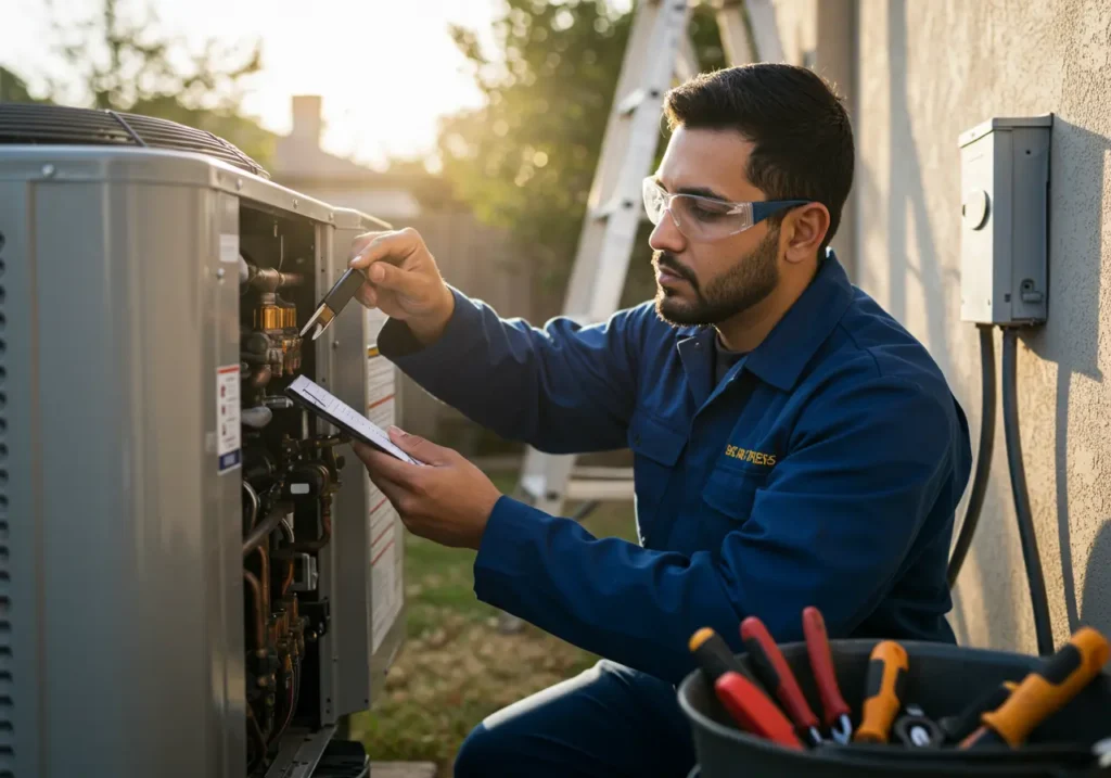 Technician performing routine heat pump service in California home