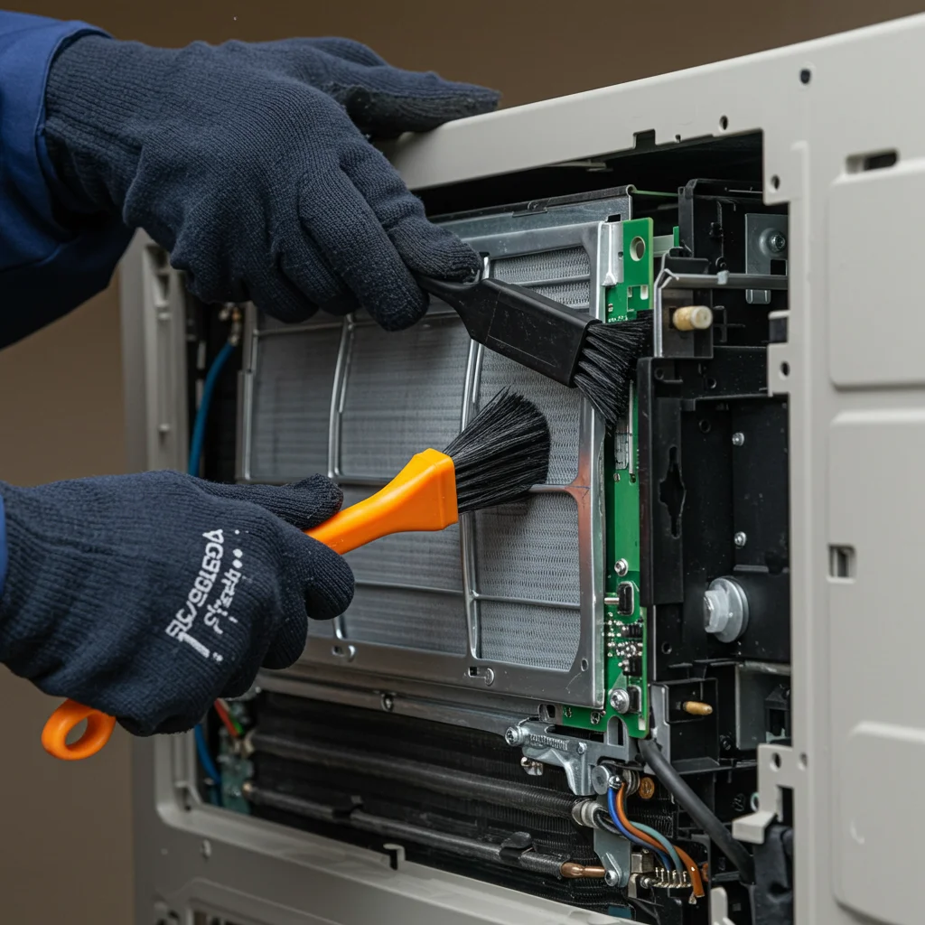 Close-up of a ductless mini split unit being cleaned during scheduled maintenance