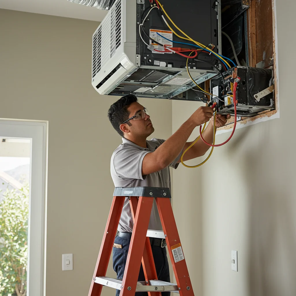 HVAC technician installing a ductless mini split unit on an interior wall in a California home