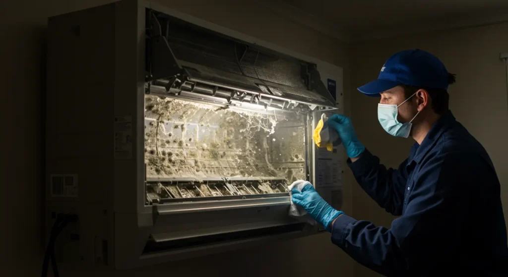 air conditioner unit with visible mold inside