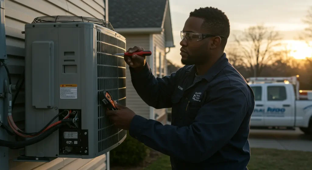 Technician performing central air conditioner installation in California home