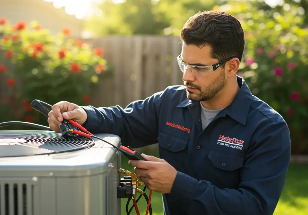HVAC technician performing routine heat pump service on outdoor unit